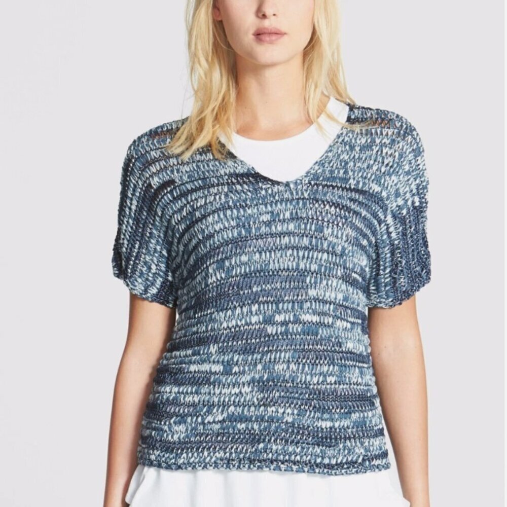 Eileen Fisher Sweater Top Blouse V Neck Knit Brushstroke Cotton Blue Size Large